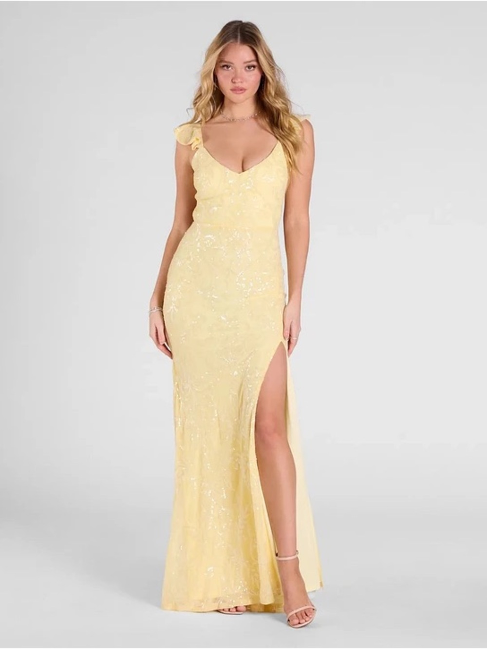Windsor Yellow Lace Prom Dress with Side Slit
